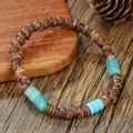 Men's bohemian bracelet with dark brown coconut shell wood beads and turquoise stones - ZJ14654-Dark Brown Wood Turquoise Retro Bracelet