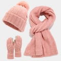 Close-up of pink knit winter set with faux fur pom-pom hat and touchscreen gloves - Pink
