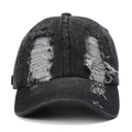 Detailed view of distressed holes and washed texture on a charcoal denim baseball cap - Adjustable / Black