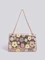 Khaki sequined shoulder bag with colorful floral embroidery and metal chain strap - Contrast Floral Pink