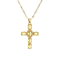 Close-up of gold necklace with a cross pendant set with yellow oval zircons and crystals - Yellow
