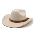 Détail d'un chapeau de cowboy en feutre crème avec bandeau marron et gland en cuir - M (56-58cm) / Blanc Cassé