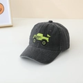 Detail of a grey washed cotton baseball cap with neon green monster truck embroidery - 52cm 2-5 Years Old / Gray