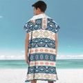 Men's hooded beach poncho with bohemian geometric ethnic pattern in navy and orange - Pullover Style - Orange Ethnic Stripe
