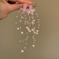 Detalle de pendientes de flores rosas con borlas largas de perlas blancas - Flor Rosa Borla de Perlas Artificiales Blancas (20# Aguja de Plata-Rosa)