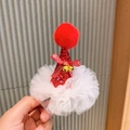 Christmas hair clip with red glitter hat, white mesh lace, and golden bells - White Gauze Red Hat