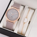 Detail der roségoldenen Quarzuhr mit Lederarmband und Herzarmband in einer Geschenkbox - Graues Set (Ohne Box)