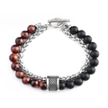 Detail of bohemian dual-layer bracelet with natural stone beads and silver metallic chain - Tiger Eye & Black Agate (113401)