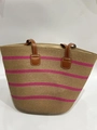 Khaki woven straw tote bag with magenta stripes and brown handles for beach or shopping - Pink Wide Stripe Pattern
