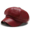 Casquette gavroche rétro bordeaux en cuir PU avec surpiqûres octogonales pour hommes et femmes - Réglable / Rouge