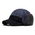 Winter men's blue knit baseball cap with thick grey faux fur earflaps and warm lining - Adjustable / Navy Blue