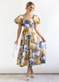 Detail of floral puff sleeve dress with abstract oil painting print and tiered hemline - Yellow and Blue Texture