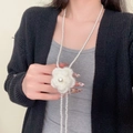 Elegant pearl necklace featuring a white crochet flower pendant on a long strand - Long Artificial Pearl Chain with White Crocheted Flower Pendant (X4740)