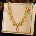 Halskette aus goldfarbenem Edelstahl mit Wassermelone-Anhänger und bunten Perlen - Wassermelone Design Stil(N3375)