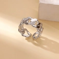 Detail of silver chain ring with zircons and open design on a natural stone background - Adjustable Open / Silver Chain Inlaid Style (P3127580)