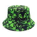 Black bucket hat with green alien print and reinforced stitched brim for outdoor wear - M (56-58cm) / Green Alien Print (M1799)