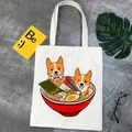 Kawaii corgi cartoon canvas tote bag with ramen graphic for women in cream white - Corgi Ramen