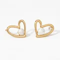 Elegant gold hollow heart stud earrings with round white pearl center 15mm width - Large Gold (KD3292)