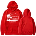 Front and back view of a red 'I'm Retired' hoodie with white palm tree graphics - Red