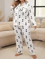 Women's two-piece waffle knit pajama set with black heart print on white fabric - 2XL / White Black Heart