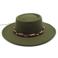 Close-up of army green wool felt jazz hat with multi-color braided rope band - M (56-58cm) / Army Green