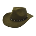 Close-up of olive green wool felt cowboy hat featuring black leather band and silver studs - M (56-58cm) / Army Green