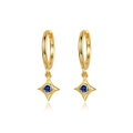 Detailed shot of gold hoop earrings with star pendants and central blue zircon - Black