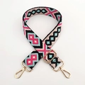 Detail of adjustable 3.8cm embroidered jacquard bag strap with golden metal lobster clasps - Blue Rose Pink