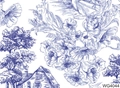 Blue Toile de Jouy floral nail water decals with vintage European architecture patterns - WG4044