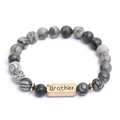 Beaded bracelet with gray marble texture stones and golden Brother engraved plaque - Brother Engraved Plate (G1172-2)