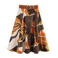 Bohemian A-line poplin maxi skirt with leaf print and brown belt featuring silver buckle - XS / As Shown