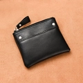 Minimalist black PU leather coin purse with top zipper and pebbled texture surface - Black