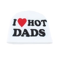 Close-up of white knitted beanie featuring black I HOT DADS text and a red heart - I ❤️ HOT DADS / White