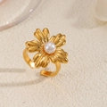 Flower shaped open ring in 18K gold plated stainless steel with a white center pearl - Fine Engraved Petal Pearl Ring