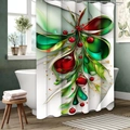 Detail of Christmas shower curtain with green leaves and red ornaments on waterproof fabric - 90*180cm / Green (Christmas Baubles)