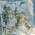Green silk-feel square scarf with elegant lotus flower print and yellow outlines - New Ink Painting Lotus Leaf Square Scarf / 65
