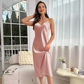 Elegant lotus pink satin slip nightdress for women with thin straps and V-neckline - S / Pink