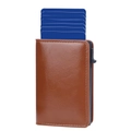 Portacarte in pelle marrone cerata RFID con meccanismo automatico pop-up in alluminio - Marrone