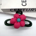 Pinza per capelli a fiore verde scuro con petalo rosa e dettaglio di perla azzurra - Grande Pinza per Capelli / Rosa Rosso