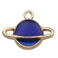Golden metal planet charm with blue glitter enamel and starry ring for DIY jewelry making - 1 Piece (12x16mm)