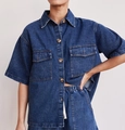 Women's vintage loose dark blue denim short sleeve shirt with utility pockets - S / Dark Blue Shirt