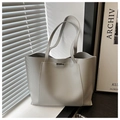 Detail of light grey PU leather tote bag with metallic buckle and long handles - Gray