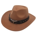 Brown western cowboy felt hat with silver bull head emblem and studded leather band - Adult (56-60cm) / Khaki (Bull Head + Black Band)