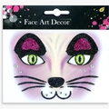 Cat face jewel sticker with pink and black glitter and green pupils for Halloween - Purple Ear Cat