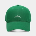 Detailed close-up of mountain embroidery on a green twill cotton baseball cap - Dark Green
