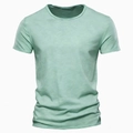 Close-up of mint green slub cotton fabric texture on a men's short sleeve V-neck t-shirt - Light Green