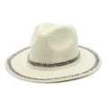 Detailed texture of cream fedora hat with elegant pearl and silver beaded trim - M (56-58cm) / Cream