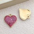 DIY rose red sequined heart pendant charm with gold-plated metal back for jewelry making - Pink Glitter Heart Pendant (14323)