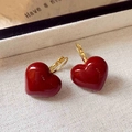 Boucles d'oreilles pendantes cœur rouge brillant avec fermoir doré au style vintage doux - Style Dormeuse Cœur Or Rouge Clip d'Oreille (38#)