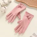 Pink winter thermal bow gloves for women with soft faux suede finish and touch screen tips - One Size / Herringbone Bow Pink